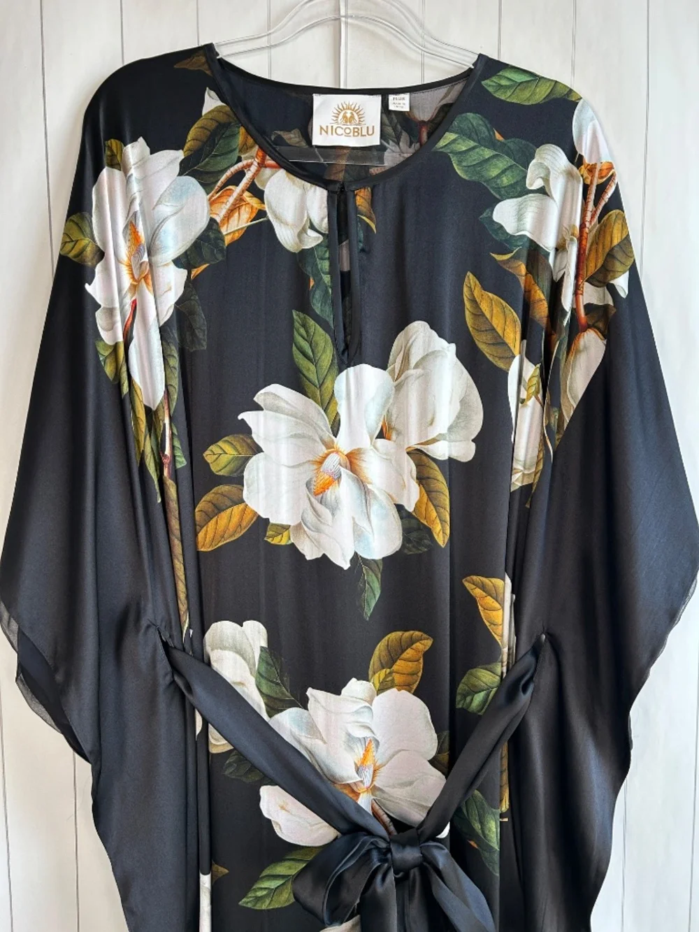 Nicoblu plus size 1X 2X 3X 4X Camellia belted kaftan maxi dress black 100% silk - Picture 7 of 14